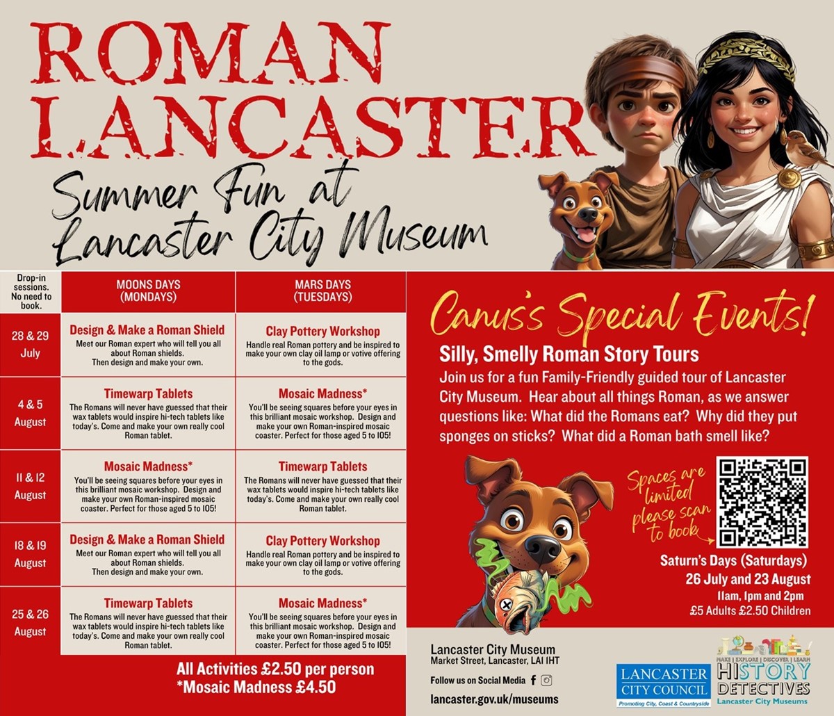 poster with same info as this page and cartoon images of roman children and a dog